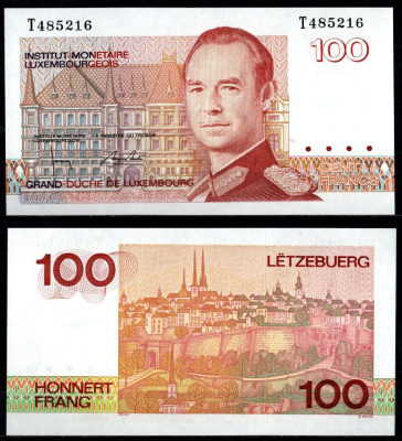 Люксембург 100 франков 1993 великий герцог Жак, вид города, серия T Pick 58 b бумага UNC (пресс) 8603-25-2-1