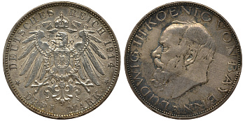 Бавария 3 марки 1914 D, Людвиг III (1913-1918) Weege 52, J. 52, KM 520 серебро 413-5035