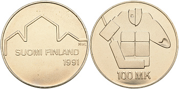 Финляндия 100 марок 1991 Чемпионат мира по хоккею KM 69 серебро UNC 1066-4-44