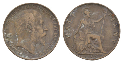 Великобритания 1/2 пенни 1906 Эруард VII (1901-1910) KM 793.2, Spink 3991 бронза 4642-424