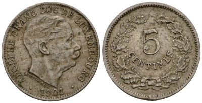 Люксембург 5 сантимов 1901 герцог Адольф (1890-1905) KM 24 медно-никель 4602-335
