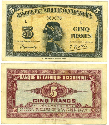 ФРАНЦУЗСКАЯ ЗАПАДНАЯ АФРИКА 5 ФРАНКОВ 1942 БУКВА L Pick 28а бумага 7486-47-1-2