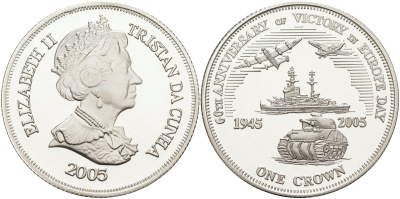 Тристан-да-Кунья 1 крона 2005 60-я годовщина победы в Европе, танки, самолёты, корабли серебро PROOF 00-00