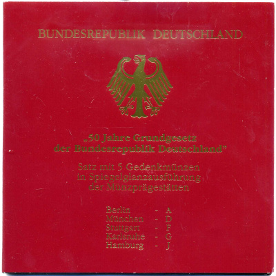 ФРГ набор из 5 штук по 10 марок 1999 A, D, F, G, J, 50 лет конституции ФРГ KM 196 серебро PROOF 6-5-2-7