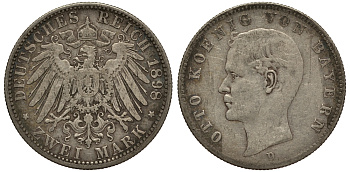 Бавария 2 марки 1898 D, Отто (1886-1913) Weege 44, J. 45, KM 511 серебро 3711-1822
