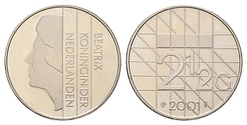 Нидерланды 2 1/2 гульдена 2001 Беатрикс (1980-2013), редкий год KM 206 никель UNC 4367-842