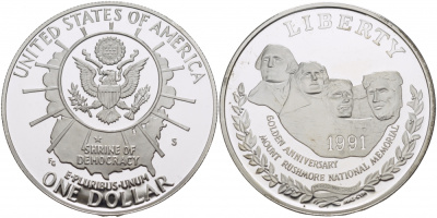 США 1 доллар 1991 S, 50 лет мемориалу президентов, гора Рашмор KM 229 серебро PROOF 1076-9-54