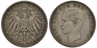 Бавария 2 марки 1898 D, Отто (1886-1913) Weege 44, J. 45, KM 511 серебро 3711-1822