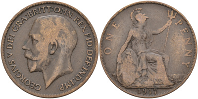 Великобритания 1 пенни 1917 Георг V (1910-1936) КМ 810, Spink 4051 бронза 4590-1146