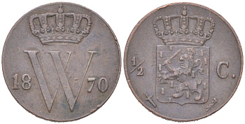 Нидерланды 1/2 цента 1870 Виллем III (1849-1890) KM 90 медь 4044-1333