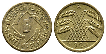 ГЕРМАНИЯ 5 РЕНТЕНПФЕННИГОВ 1923 A, KM 32, J. 308 алюминиевая бронза 4380-1018