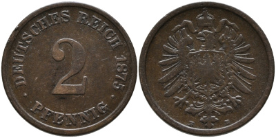 ГЕРМАНИЯ 2 ПФЕННИГА 1875 E, СТАРОГЕРБОВКА KM 2, J.2 медь 179-1062