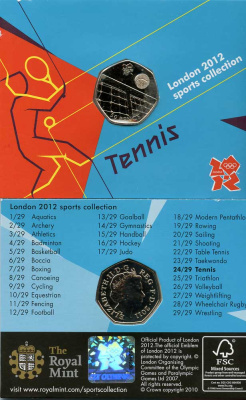 Великобритания 50 пенсов 2011 XXX летние Олимпийские игры в Лондоне в 2012 году, теннис, в оригинальном картонном буклете, с Олимпийской голограммой (24/29) KM 1194 медно-никель  UNC  3-6-6-25