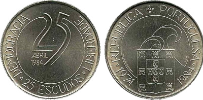 Португалия 25 эскудо 1984 10 лет Революции KM 623 медно-никель UNC 4577-931