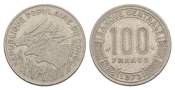 Конго 100 франков 1972 KM 1 никель 4544-854