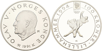 Норвегия 100 крон 1991 зимние Олимпийские игры 1994 года в Лиллехаммере, конькобежный спорт KM 434 серебро  PROOF  11-036-13