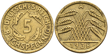 Германия 5 рейхспфеннигов 1936 A KM 39, J. 316 алюминиевая бронза 4151-734