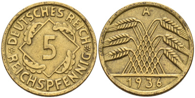 Германия 5 рейхспфеннигов 1936 A KM 39, J. 316 алюминиевая бронза 4151-734