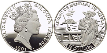 Соломоновы острова 10 долларов 1991 Альваро Менданья де Нейра (1542-1595) KM 47 серебро PROOF 00-00