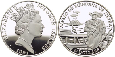 Соломоновы острова 10 долларов 1991 Альваро Менданья де Нейра (1542-1595) KM 47 серебро PROOF 00-00