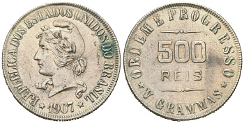 Бразилия 500 рейс 1907 голова Свободы влево KM 506 серебро 4615-612