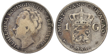Нидерландское Кюрасао 1 гульден 1944 D, Вильгельмина (1890-1948) KM 45 серебро 36-416