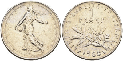 Франция 1 франк 1960 сеятель KM 925.1, LE FRANC 226.4 никель    4177-224