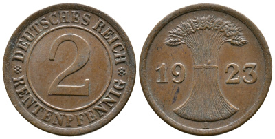 Германия 2 рентенпфеннига 1923 A KM 31, J. 307 бронза 4681-126