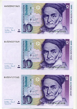 ФРГ 10 марок 1999 1 сентября 1999, Карл Фридрих Гаус, неразрезанные три боны Pick 38 d бумага UNC (пресс) 451-42-1