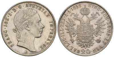 Австрия 20 крейцеров 1852 B, Франц Иосиф I (1848-1916) KM 2211 серебро UNC 413-5935