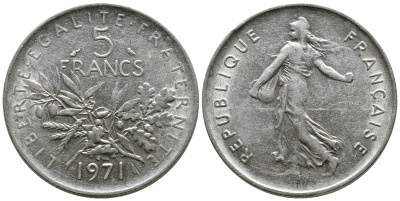 Франция 5 франков 1971 сеятель KM 926a.1, Le Franc 341.3 медно-никель плакированный никелем 51-4622
