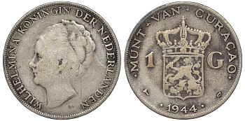 Нидерландское Кюрасао 1 гульден 1944 D, Вильгельмина (1890-1948) KM 45 серебро 36-552