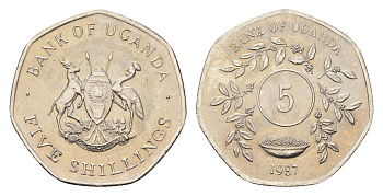 Уганда 5 шиллингов 1987 год-тип KM 29 сталь плакированная никелем UNC 4665-227