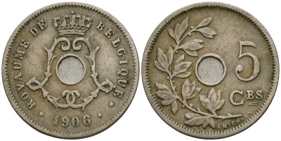 Бельгия 5 сантимов 1906 BELGIQUE KM 54 медно-никель 4174-254