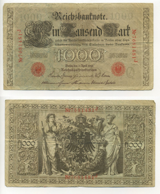 ГЕРМАНИЯ 1000 МАРОК 1910 КРАСНАЯ ПЕЧАТЬ, 7 ЦИФР В НОМЕРЕ Pick 44b бумага 6301-17-4