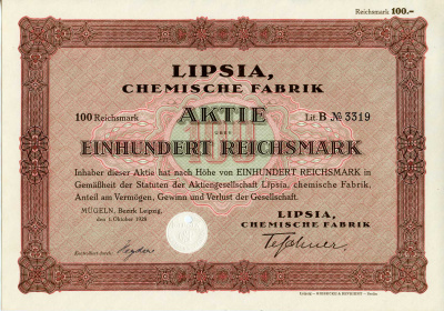 Германия 100 рейхсмарок 1928 АО Липсия, химический завод, акция   бумага   8803-14-1