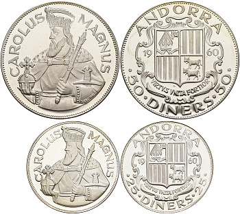 Андорра 25 и 50 динеров 1960 Карл Великий тираж 1350 экз. и 3100 экз. серебро PROOF 1095-1-41