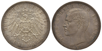 Бавария 5 марок 1913 D, Отто (1886-1913) Weege 47, J. 46, KM 512 серебро UNC 00-812-36