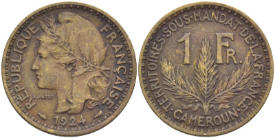 Французский Камерун 1 франк 1924 (а), монетный двор Париж KM 2 алюминиевая бронза 259-1236
