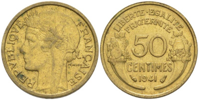ФРАНЦИЯ 50 САНТИМОВ 1941 ТИП MORLON KM 894.1, LE FRANC 192.18 алюминиевая бронза 44-648