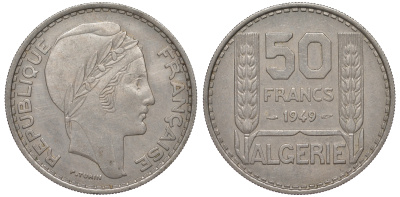 Алжир, Французский 50 франков 1949 KM 92 медно-никель 4605-555