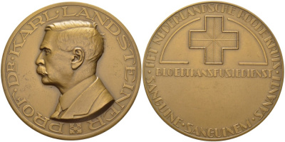 Нидерланды медаль ND профессор, доктор Карл Ландштейнер (1868-1943), лауреат Нобелевской премии, за открытие групп крови, нидерландское общество Красного креста, пеликан, диаметр 50 мм.  бронза 1089-5-23