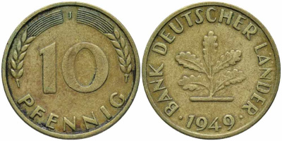 ФРГ 10 ПФЕННИГОВ 1949 J KM 108, J. 383 сталь плакированная латунью 113-134