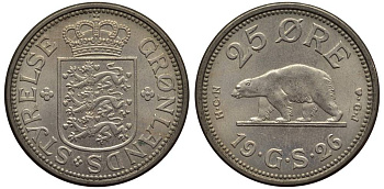 Гренландия 25 эре 1926 NCN; CJ, медведь, датская колония, Кристиан X (1912-1947) KM 5 медно-никель 186-1046