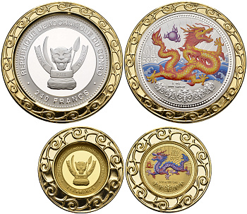 ДР Конго 125 и 240 франков 2012 год дракона, в оригинальной подарочной коробке, тампопечать, № 93, очень редкий  золото, серебро  PROOF  7-3-1-23