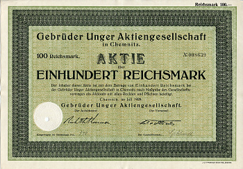 Германия 100 рейхсмарок 1928 АО Братья Унгер, производство специализированного оборудования для мясокомбинатов, колбасных и консервных заводов, Хемниц, акция   бумага   8804-82-1