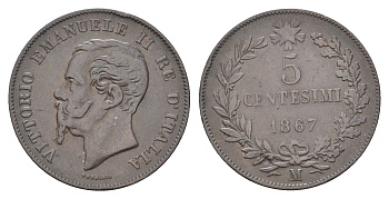 Италия 5 чентезимо 1867 M, Виктор Эммануил II (1861-1878) KM 3.2 медь 27-831