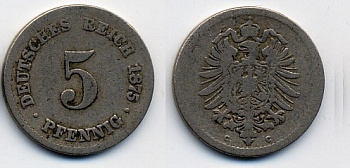 Германия 5 пфеннигов 1875 C, старогербовка KM 3, Jager 3, Weege 5 медно-никель 45-1027