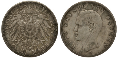 Бавария 2 марки 1901 Отто (1886-1913) Weege 44, J. 45, KM 511 серебро 3711-1824