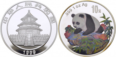 Китай 10 юаней 1999 панда, цветная эмаль KM 1217 серебро PROOF 1077-10-43